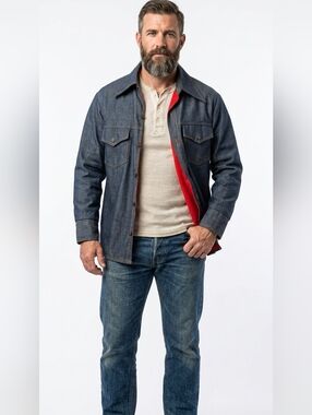 Sears Roebuck 60's Dark Blue Denim Jacket Red Lining Lightweight Vintage Large
